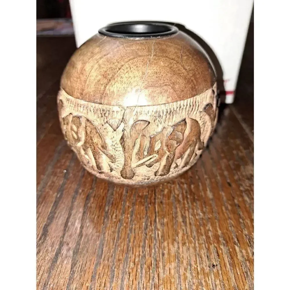 Vintage Hand Carved Rosewood Elephant Candle Votive Cup Holder Round Ball